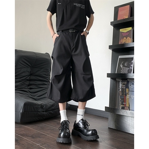 潮牌设计感撞钉褶皱休闲短裤男cleanfit痞帅阔腿七分裤D069-P38图片