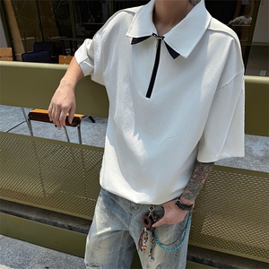 男士夏季冰丝凉感透气短袖衬衫美式青春拼色拼接设计感衬衫T恤图片