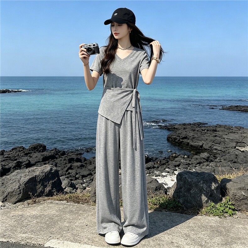 超好看韩版时尚套装女夏新款款蝴蝶结系带短袖上衣阔腿长裤两件套,女装套装/套裙,江南