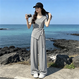 超好看韩版时尚套装女夏新款款蝴蝶结系带短袖上衣阔腿长裤两件套图片