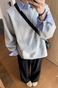 假两件撞色拼接卫衣长袖男女衬衫领宽松百搭套头上衣-TP2510-P68图片