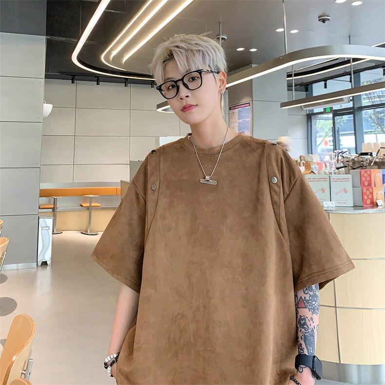 24夏季新款设计感美式高街麂皮绒情侣短袖上衣半袖男D244P38,男装T恤,电商A335-1（原A458）