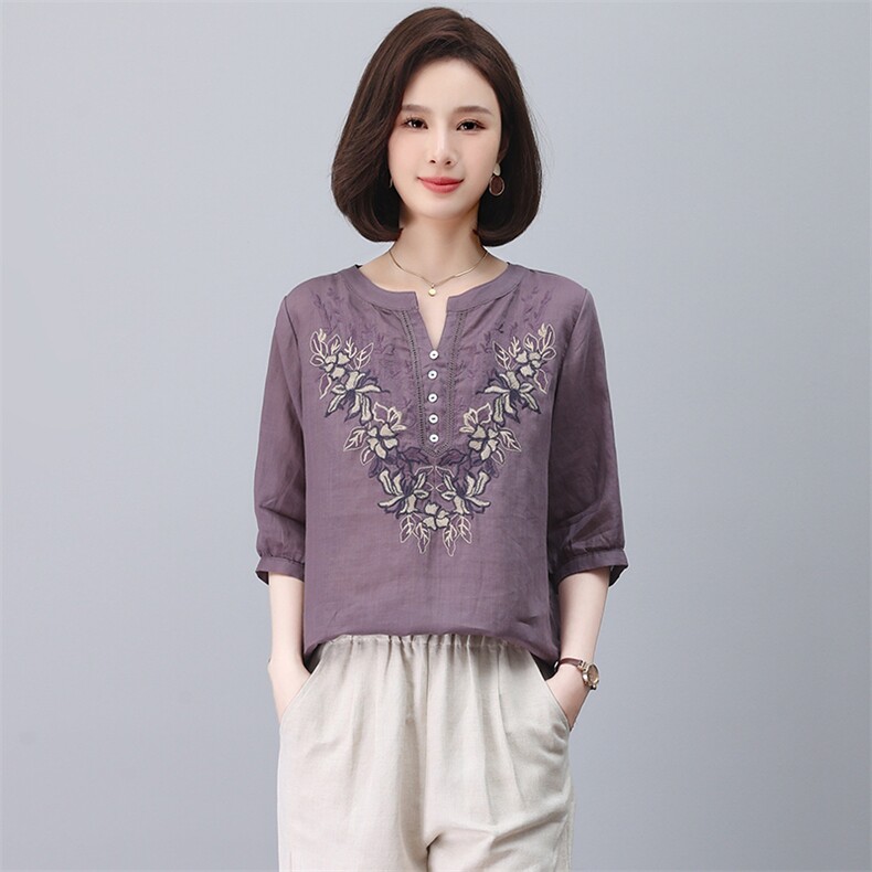 棉麻女夏2025年新款时尚大码中年妈妈苎麻衬衫洋气减龄,女装T恤,忆绮罗