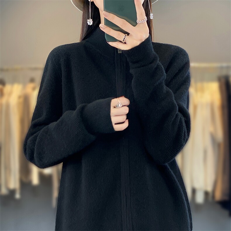 23秋冬新款立领针织拉链开衫外套女宽松时尚羊毛衫百搭毛衣,女装羊毛衫,蒙莲贝斯
