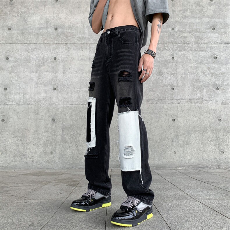 B221 美式ins高街小众个性乞丐裤直筒破洞牛仔裤 LK23099-P65控88图片