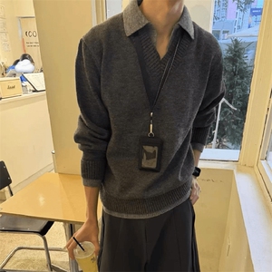 重磅北极绒假两件衬衫领毛衣美式高街复古休闲慵懒纯色翻领针织衫图片