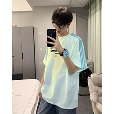 抖音得物品质二开240克宽松纯棉美式潮牌印花三条杠中性风短袖T恤，男装T恤，电商A486-1