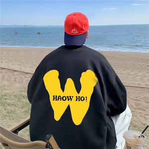 ！直播品质 重磅宽松大码港风黄色W印花圆领卫衣WY115-特p28图片