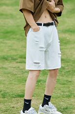 休闲裤纯色常规宽松型白色破洞牛仔短裤男款夏季薄款潮水洗青少年，男装牛仔裤，星座218-1（原230）
