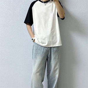 抖音得物高品质二开240克宽松纯棉美式潮牌插肩袖拼接短袖T恤图片