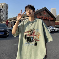 油画人物印花短袖t恤男夏季潮大码纯棉休闲日系情侣小众个性上衣，男装T恤，电商B371