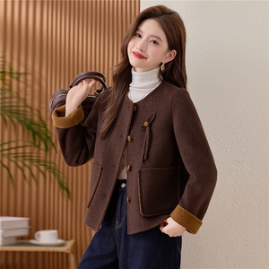 纯色双面毛呢外套小个子短款女2025秋冬季新款洋气百搭羊毛大衣图片