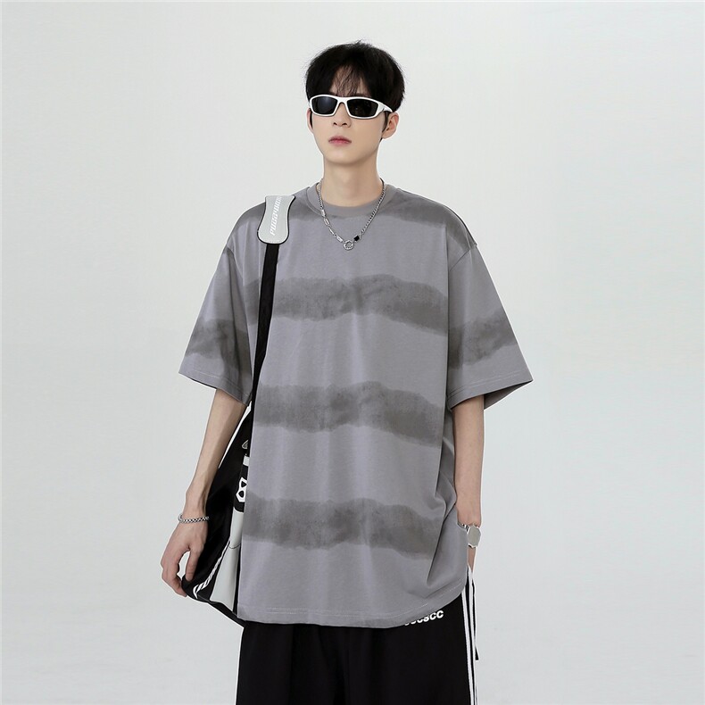 夏季新款做旧扎染条纹短袖男款美式小领口五分袖宽松T恤T702-P28,男装T恤,电商C307