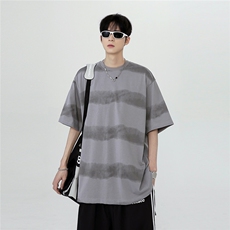 夏季新款做旧扎染条纹短袖男款美式小领口五分袖宽松T恤T702-P28，男装T恤，电商C307