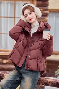 咖色短款立领棉衣女2025冬季新款简约百搭加厚保暖面包服棉袄外套图片