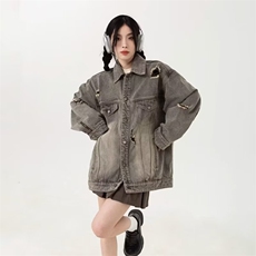 现货美式复古设计感牛仔外套女春秋宽松百搭水洗破洞情侣款夹克潮，男装工装外套，星座302B