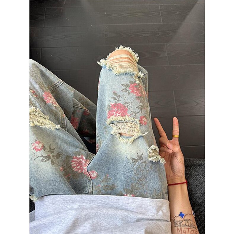 1014-1~KZ1331~P45-美式高街花卉破洞牛仔裤夏季玫瑰满印直筒长裤，男装牛仔裤，星座1014-1