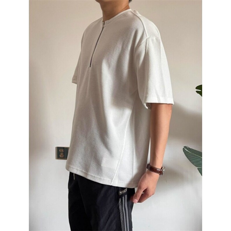 Ineffablelife华夫格半拉链短袖cleanfit美式纯色T恤短袖260g,男装T恤,星座506A