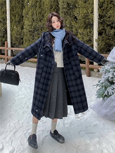 深蓝色复古格纹双面呢连帽大衣女2025冬学院风宽松休闲中长款外套图片