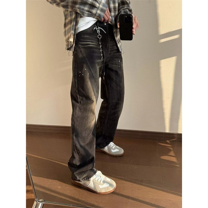美式复古水洗做旧泼墨宽松直筒牛仔裤男女休闲百搭长裤潮,男装休闲裤,星座506A
