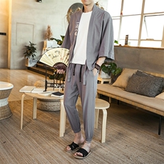 夏季大码风刺绣汉服套装棉麻道袍披风学生情侣休闲TZ01/P85，男装休闲套装，钱塘713