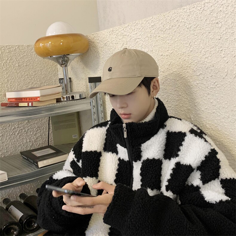 棋盘格羊羔绒服秋冬季袄韩版百搭宽松保暖衣外套W6155-P50,男装棉衣,星座512-3