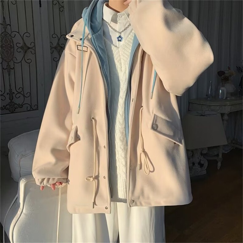 新款假两件外套男秋冬季连帽痞帅夹克ins呢子风衣上衣L77299-P85,男装夹克,星座1008