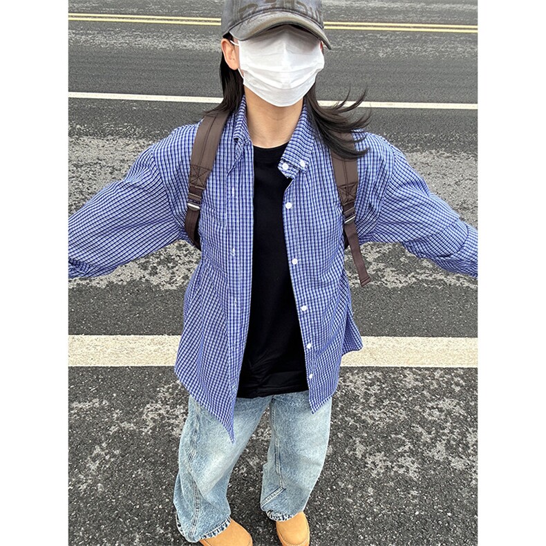 格子衬衫春夏美式蓝色格子衬衫港风情侣装休闲长袖衬衣CS276-P35图片