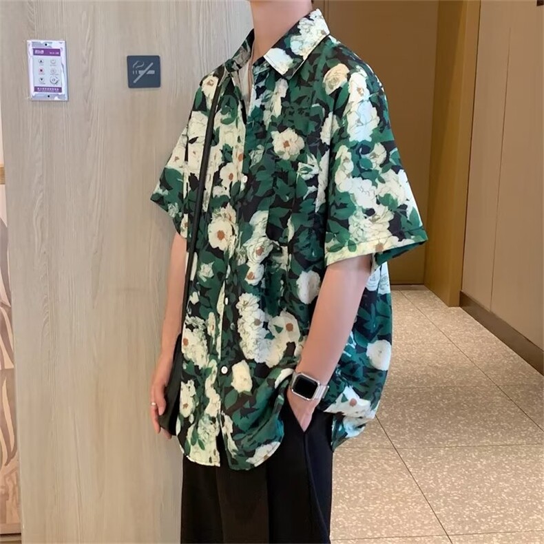 日系五分袖春夏季新款衬衫潮流慵懒男方领宽松型衬衫C660P25,男装衬衫,星座1116-2