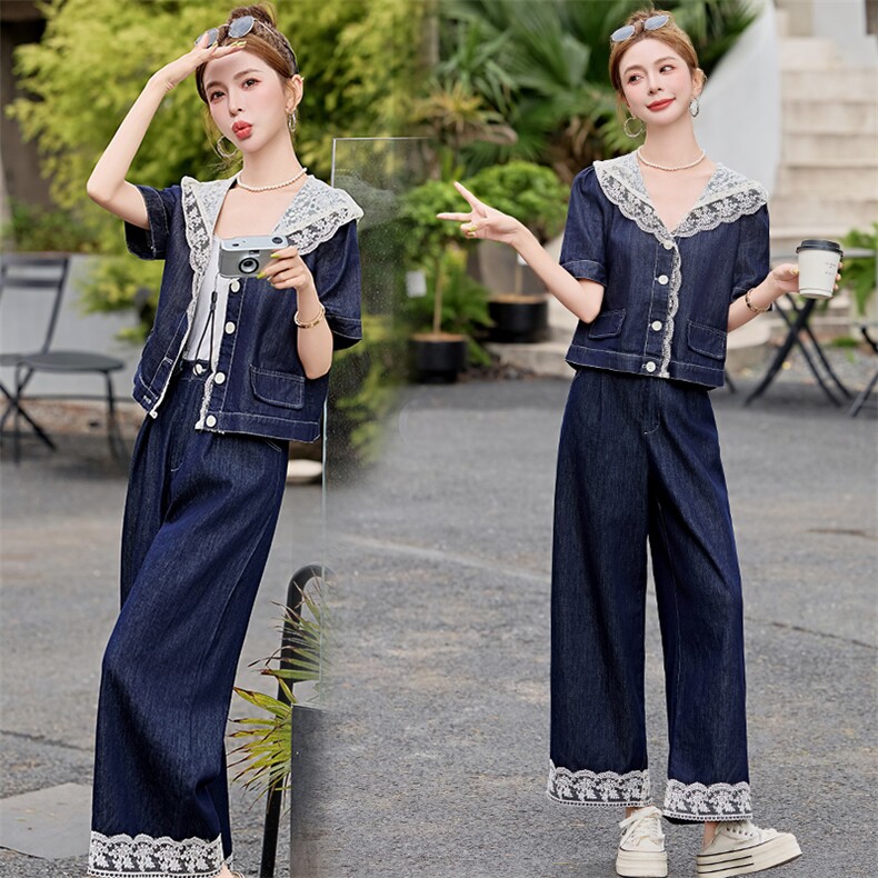 设计感小众牛仔套装女2025夏季新款蕾丝上衣拼接阔腿裤两件套,女装套装/套裙,E百度
