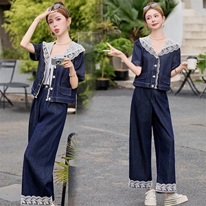设计感小众牛仔套装女2025夏季新款蕾丝上衣拼接阔腿裤两件套图片