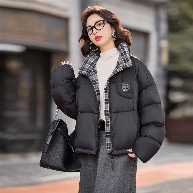 时尚格子拼接立领短款羽绒服女2025冬季新款洋气小个子白鸭绒外套,女装羽绒服,涵墨