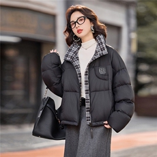 时尚格子拼接立领短款羽绒服女2025冬季新款洋气小个子白鸭绒外套，女装羽绒服，涵墨
