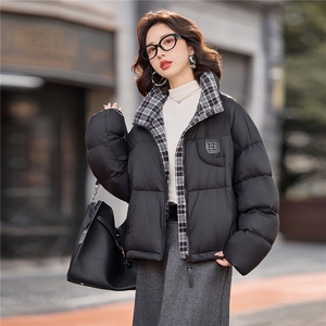 时尚格子拼接立领短款羽绒服女2025冬季新款洋气小个子白鸭绒外套图片
