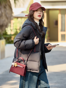 黑色百搭加厚连帽羽绒服女时尚修身显瘦5层分格冬天保暖外套图片