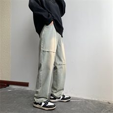 复古美式破洞牛仔裤男拉链阔腿休闲长裤子N0920-P45，男装牛仔裤，星座308B-1