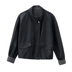 已出货春装新品格纹拼接皮衣外套女短款时尚休闲显瘦机车服长袖，女装皮衣，吾爱衣