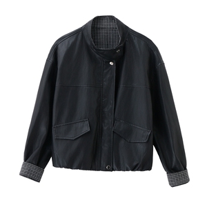 已出货春装新品 格纹拼接皮衣外套女短款时尚休闲显瘦机车服长袖图片