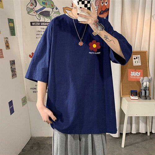 YT26257-P30 亚麻短袖t恤男大码五分袖男宽松七分袖 海报风图片