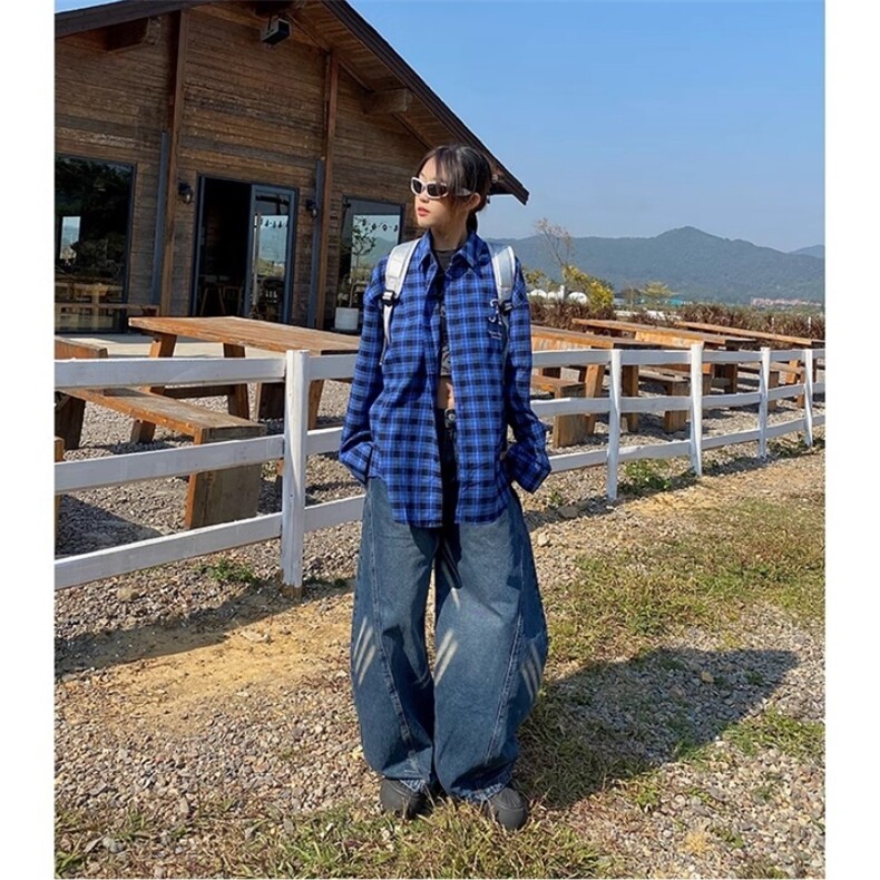 珍珠刺绣长袖格子衬衫宽松高街帅文艺2025夏秋ins外套CY1192-P46,男装衬衫,星座412-3