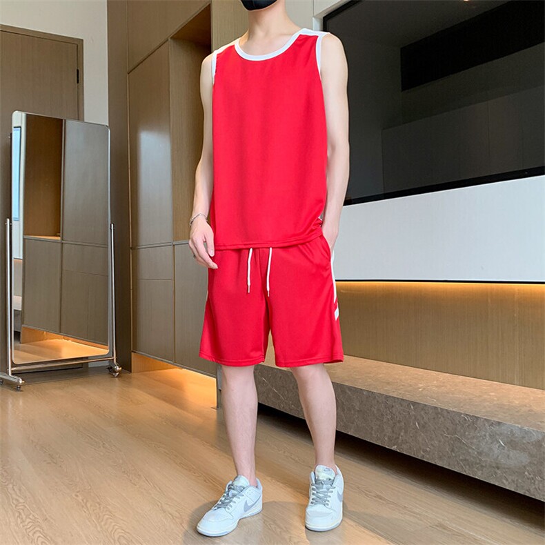 TZ148-P50 冰丝拼色青少年背心短裤套装男生运动篮球学生无袖衫图片