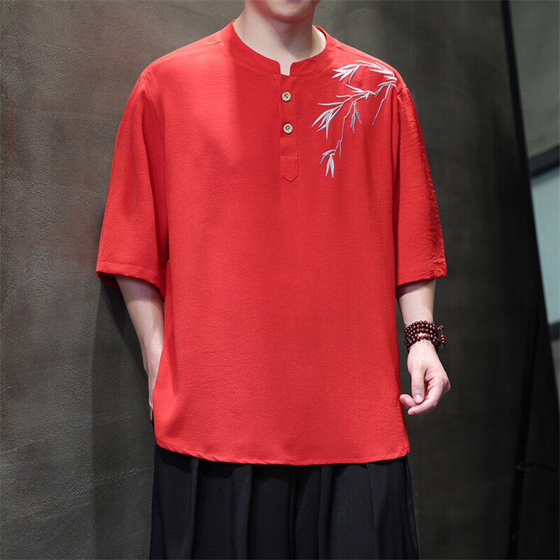 夏季冰丝立领短袖男风刺绣青年五分袖大码垂感T恤男T812P55，男装T恤，电商A021A