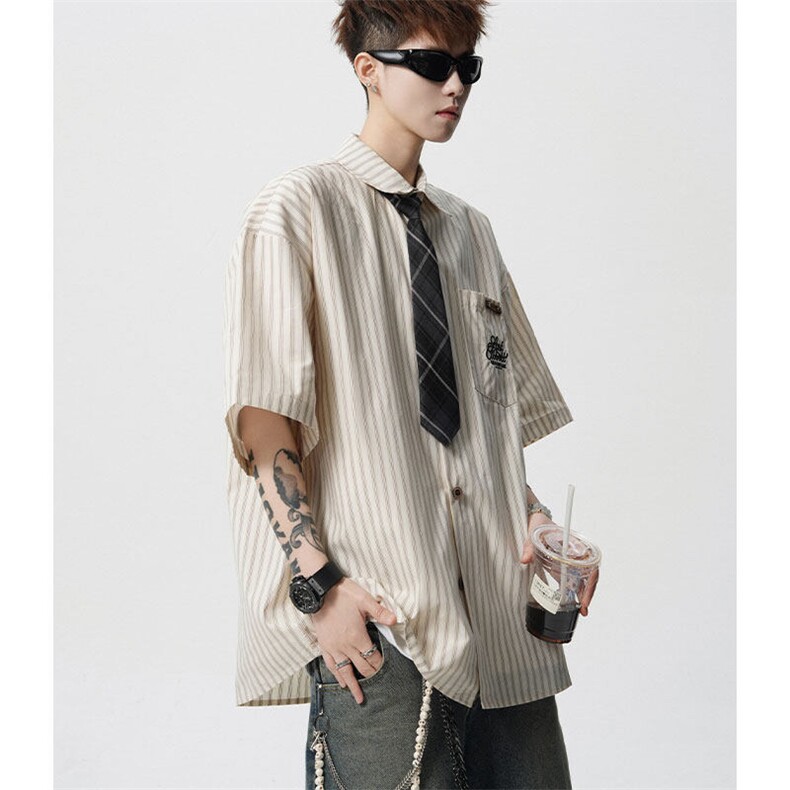 CS1132-特P48控78夏新大码刺绣短袖条纹衬衫男学院风（带领带），男装T恤，电商A059