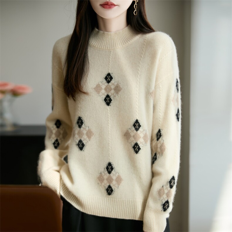 2025年秋季长袖彩色小菱形格半高时尚百搭通勤，女装羊毛衫，秋双羊绒