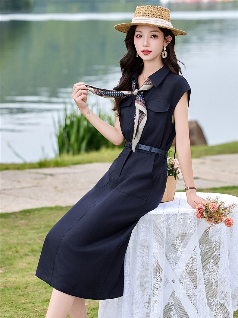 DLM8665天丝亚麻巨好看工装斜纹中长款连衣裙夏季新款修身显瘦裙,女装连衣裙,朵莱米