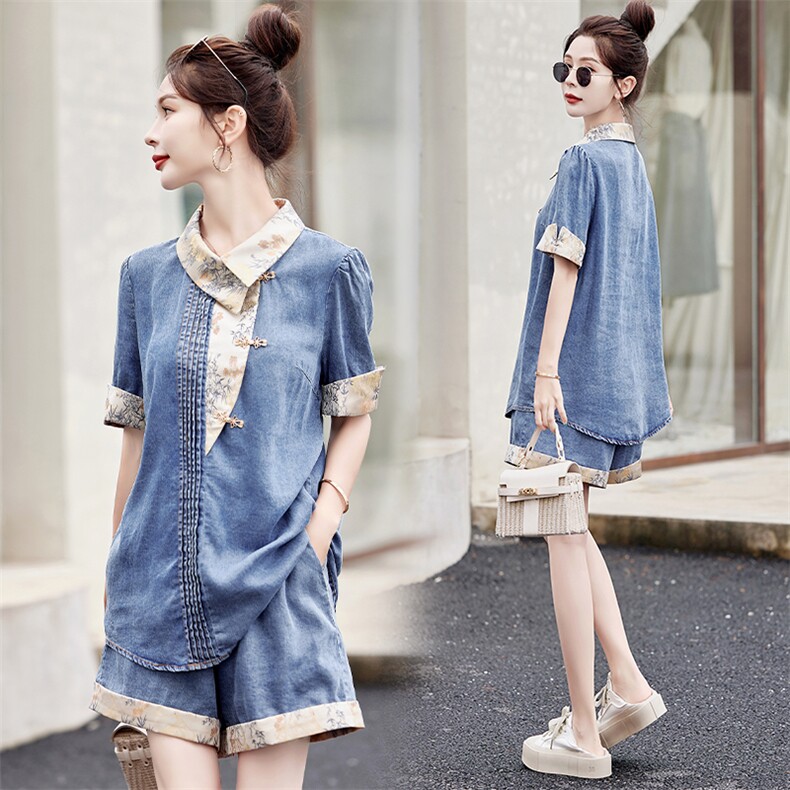 牛仔短裤套装2025年夏短袖两件套国风撞色潮流提花拼接牛仔两件套，女装套装/套裙，橙子家