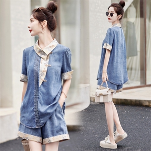 牛仔短裤套装2025年夏短袖两件套国风撞色潮流提花拼接牛仔两件套，女装套装/套裙，橙子家
