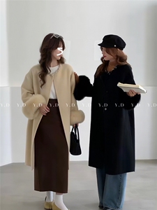 25109-38韩版气质小香风真袖毛长款双面羊毛大衣显瘦百搭,女装双面呢大衣,依嘟服饰