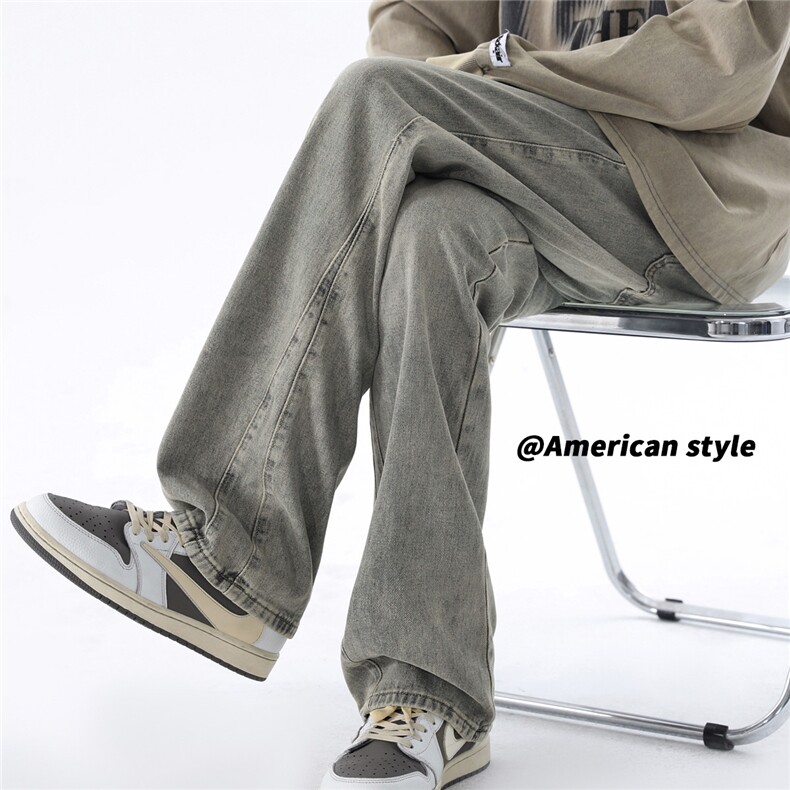 美式复古微喇牛仔裤直筒宽松阔腿休闲长裤子，男装牛仔裤，电商A007