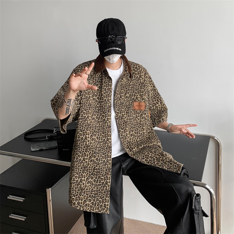 UNLG美式vintage豹纹衬衫夹克牛仔短袖外套设计感C15-P35，男装衬衫，星座308B-2